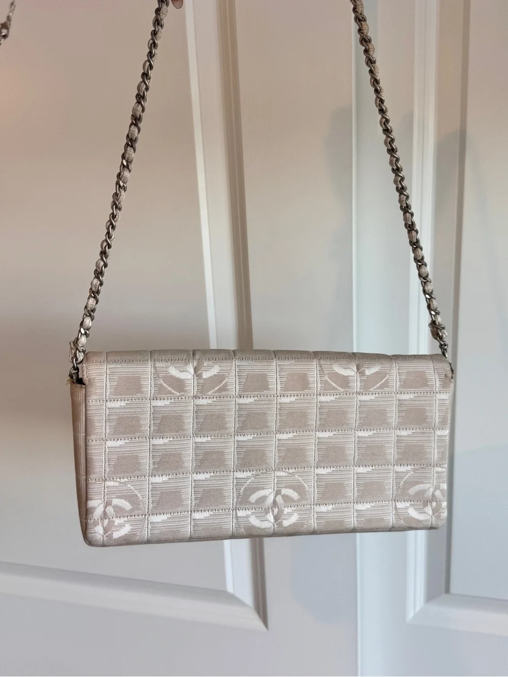 CHANEL Cream East West Flap Shoulder Bag with Silver Hardware